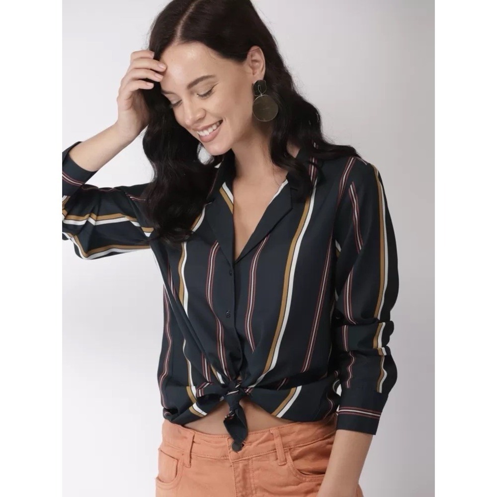 Who What Wear Top Womens Medium Black White Striped Modern‎ Button Down Career
